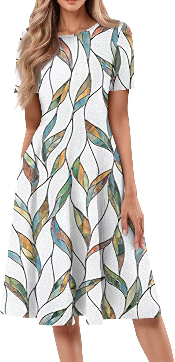 Summer Dresses for Women 2025 Crew Neck Short Sleeve Boho Beach Vacation Floral/Solid Midi Sundresses with Pockets