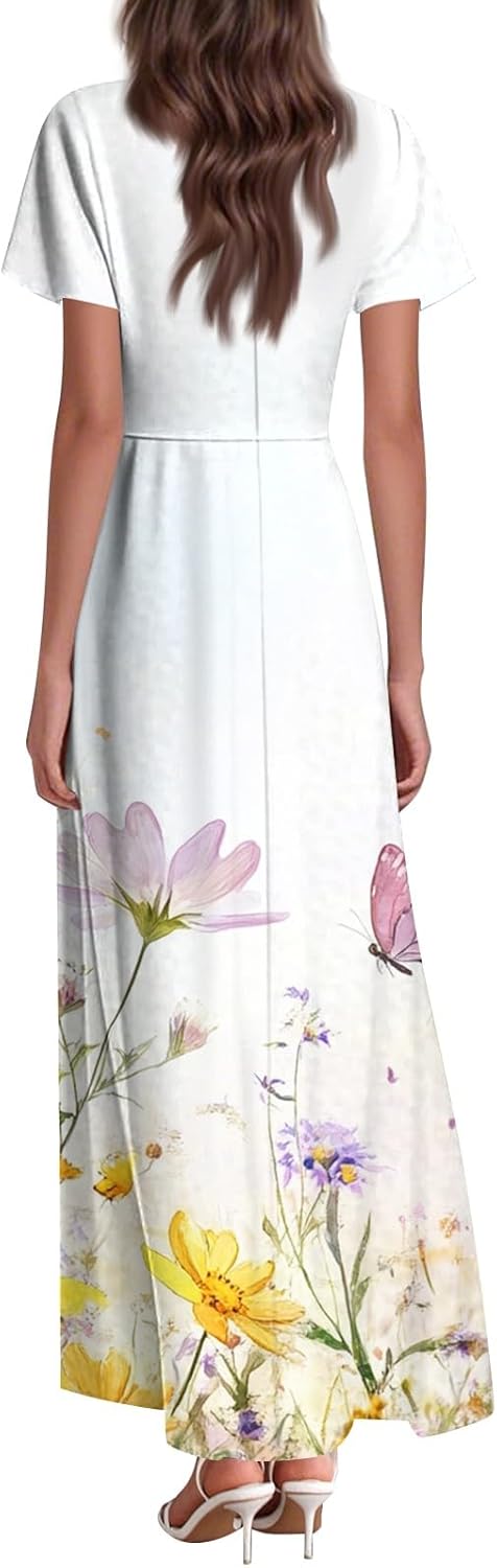 Womens Fashion V Neck Ruffle Short Sleeve Maxi Dress 2025 Summer Elegant Solid Color Flowy A Line Dresses