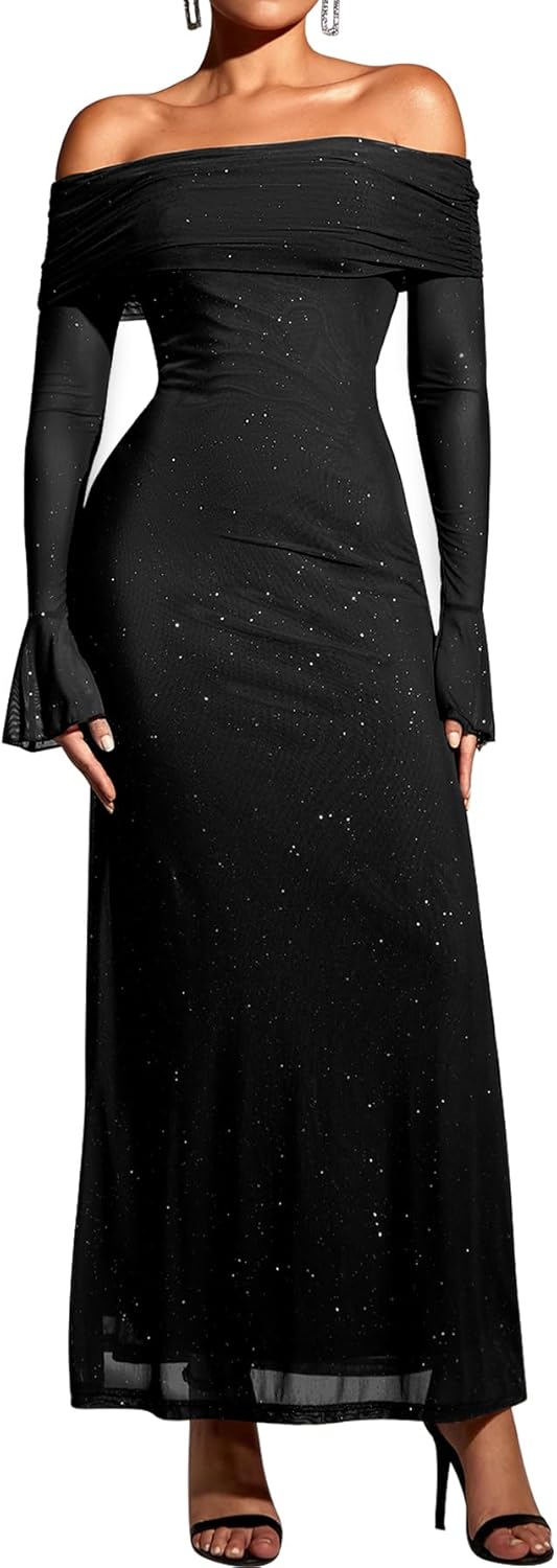 KUTUMAI Women Off Shoulder Bodycon Maxi Dress Long Sleeve Mesh Ruched Party Formal Wedding Guest Dresses