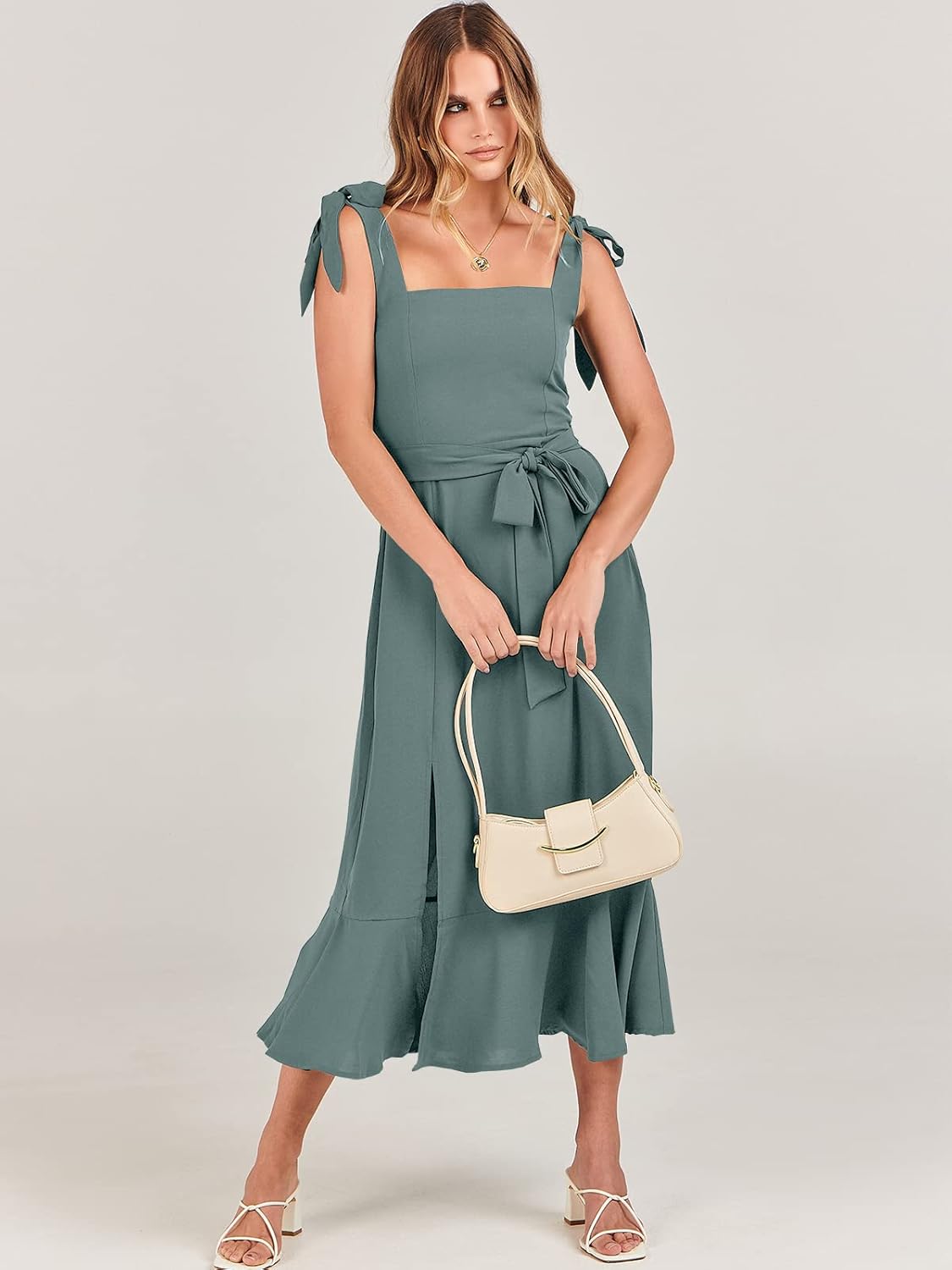 ANRABESS Women's Square Neck Ruffle Split Midi Elegant Formal Wedding Guest Cocktail Bridesmaid Graduation Party Dresses