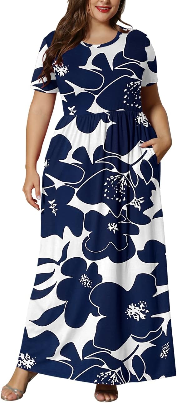 KARALIN Women’s Plus Size Maxi Dresses for Curvy Women Summer Casual Short Sleeve 2025 Long Dress 14W-26W