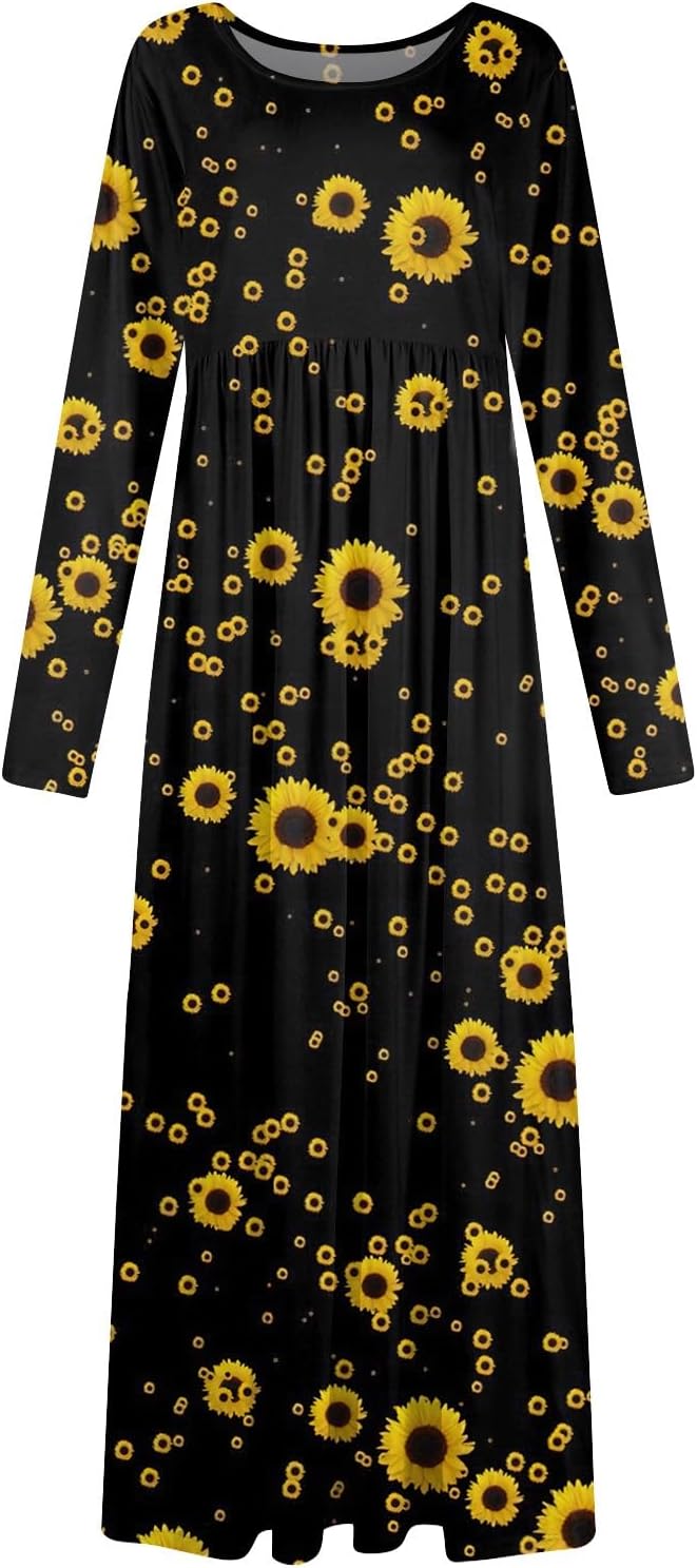 Long Sleeve Maxi Dress for Women Elegant Crew Neck Flowy Swing Dresses Solid Color Wedding Guest Dresses