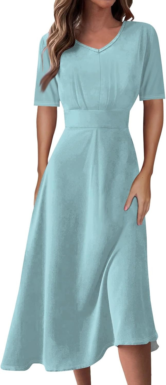 Women's Summer Elegant Cocktail Dress Solid Color Swing V-Neck Party Gown Dresses, S-2XL