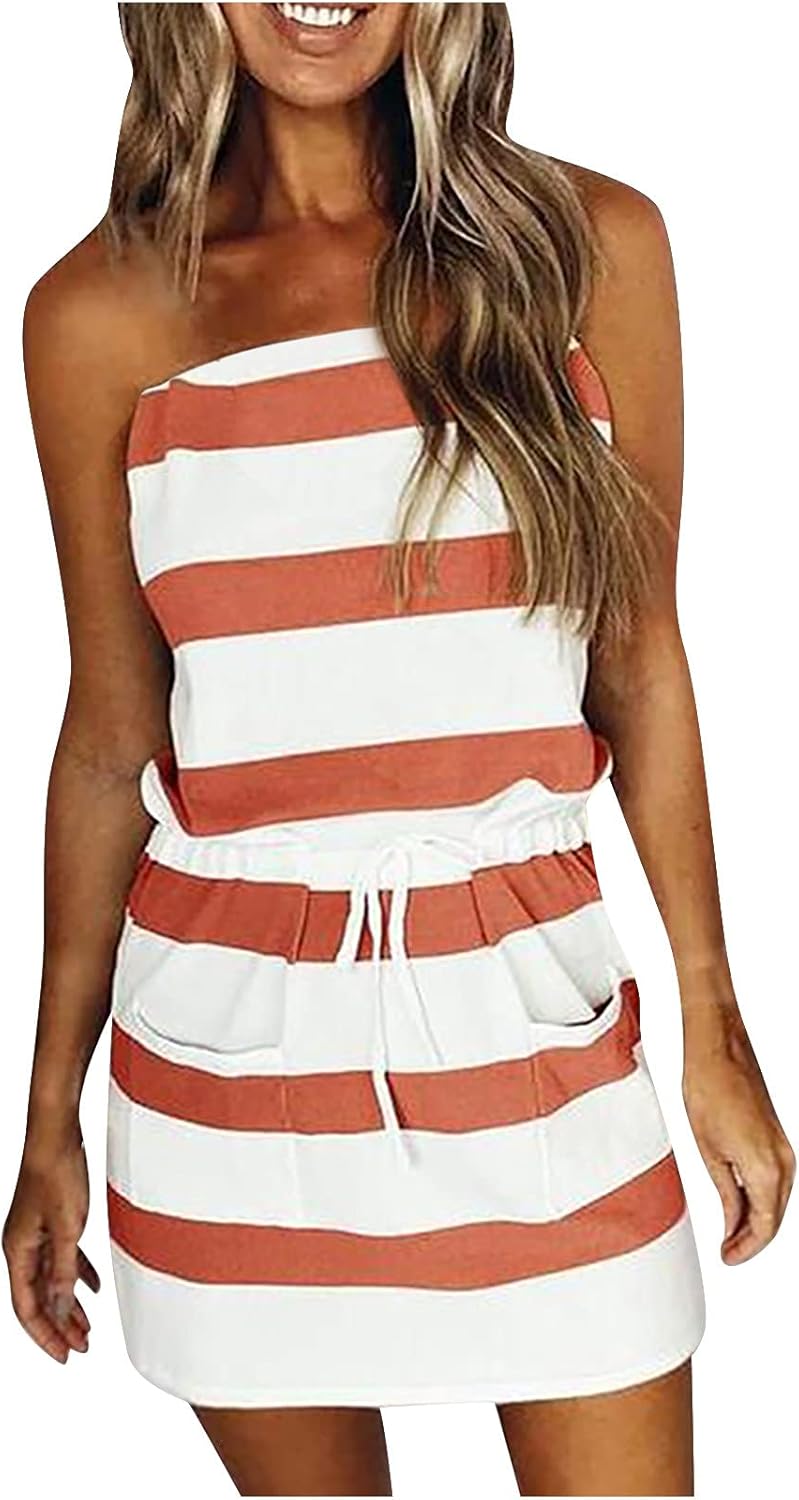 Women Summer Casual Striped Dress Drawstring Waist Tie Knot Mini Dresses Short Sleeve V Neck Tank Dress with Pocket