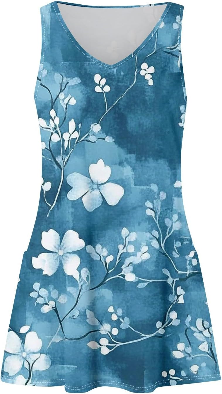 Women's Sleeveless Floral Print Summer Dress Casual V-Neck A-Line Mini Dress for Beach Party and Daily Wear