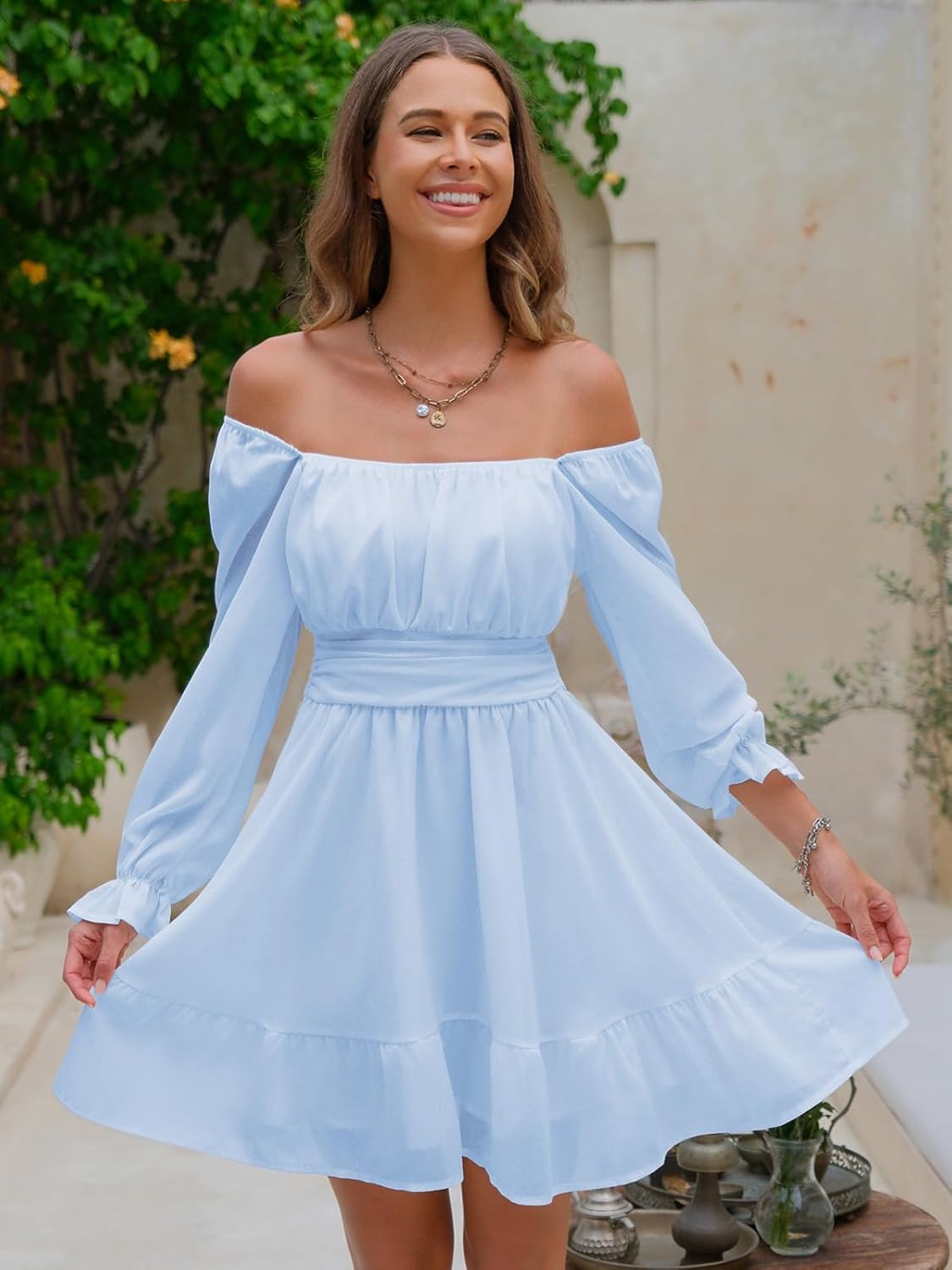 EXLURA Women's 2025 Casual Long Lantern Sleeve Dresses Square Neck Ruffle Tie Back Elastic Waist Aline Short Mini Dress