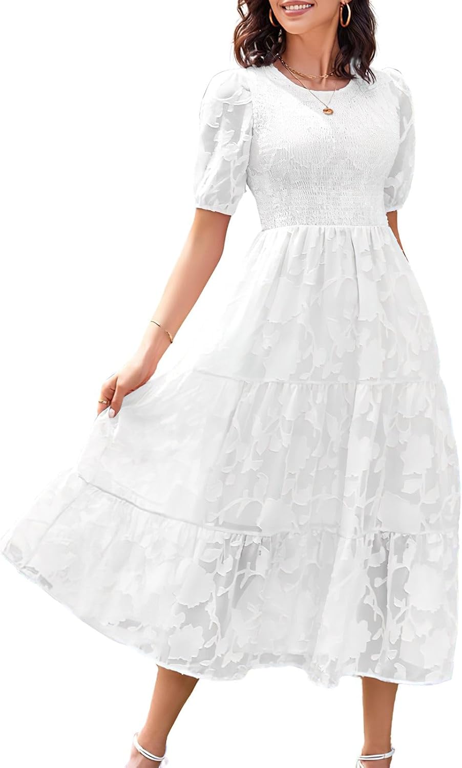 ebossy Women's Casual Smocked Lace Party Dress Puff Sleeve A-line Flowy Tiered Jacquard Midi Dress