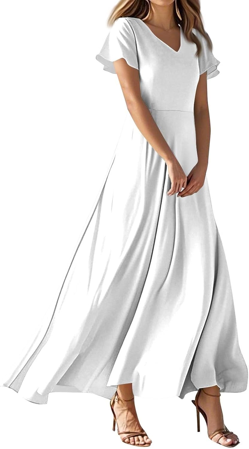Womens Fashion V Neck Ruffle Short Sleeve Maxi Dress 2025 Summer Elegant Solid Color Flowy A Line Dresses