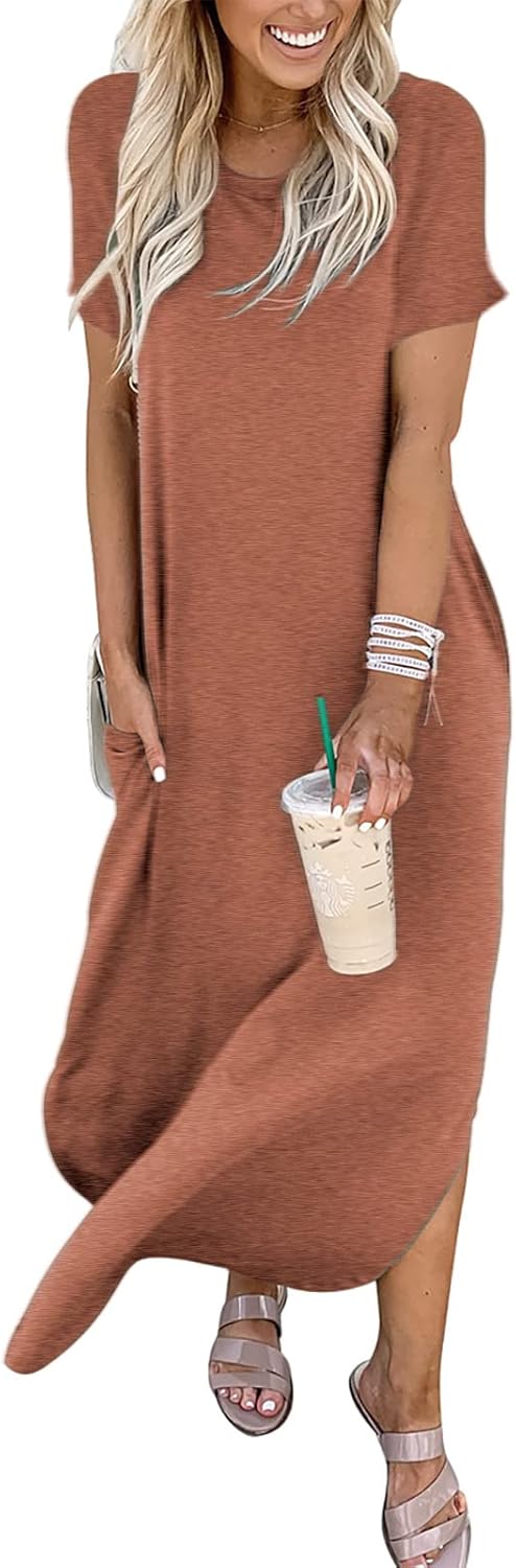 ANRABESS Women's Summer Casual Loose Short Sleeve Long T Shirt Dress Split Maxi Beach Sundress Travel Vacation Outfits