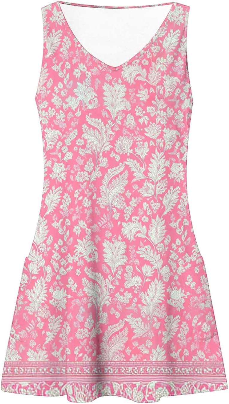 Womens 2025 Spring Summer Dresses Casual Floral Print V-Neck Tank Dress Curve Hem Pleated A-Line Sundresses