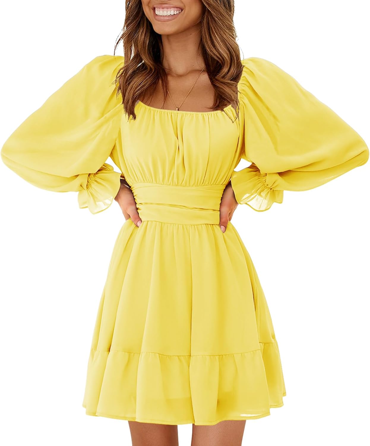 EXLURA Women's 2025 Casual Long Lantern Sleeve Dresses Square Neck Ruffle Tie Back Elastic Waist Aline Short Mini Dress