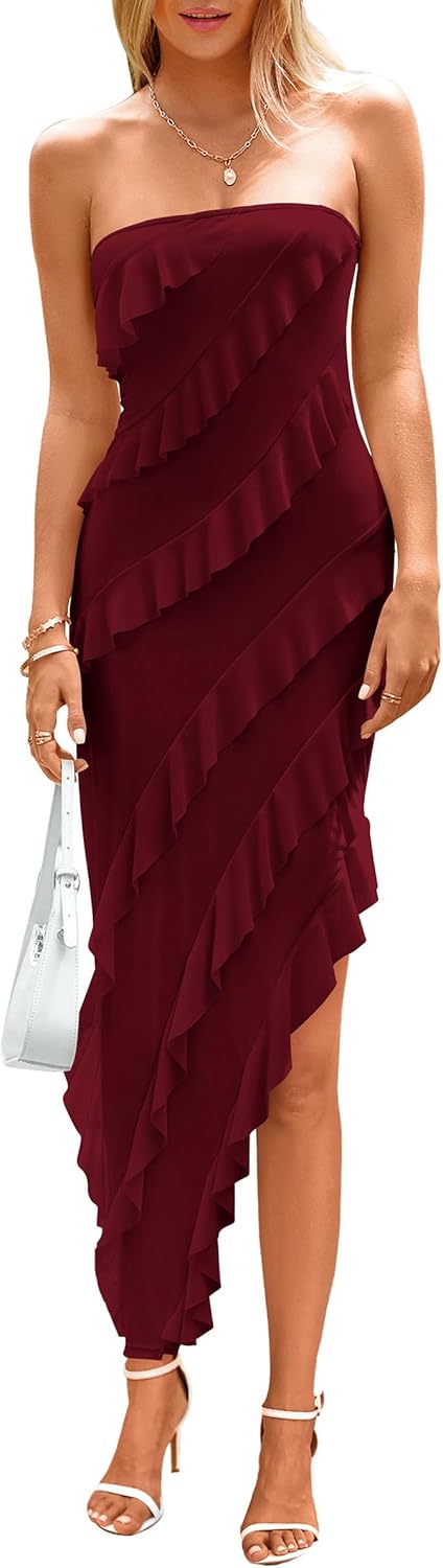 PRETTYGARDEN Womens Summer Maxi Dresses 2025 Strapless Tube Ruffle Asymmetrical Bodycon Party Cocktail Formal Long Dress