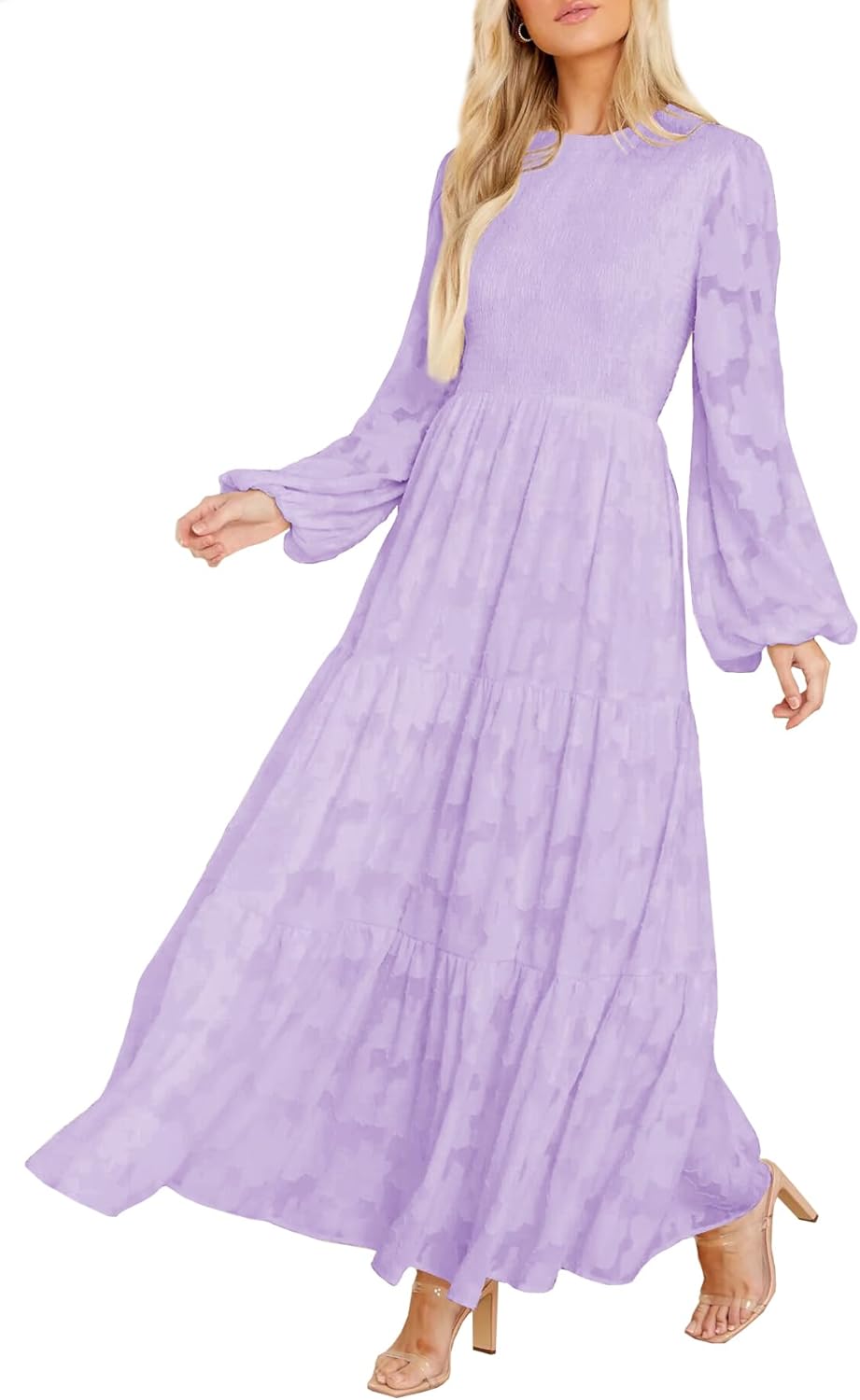 MITILLY Women's Elegant Floral Long Sleeve Round Neck Smocked A-Line Flowy Tiered Maxi Dress with Pockets