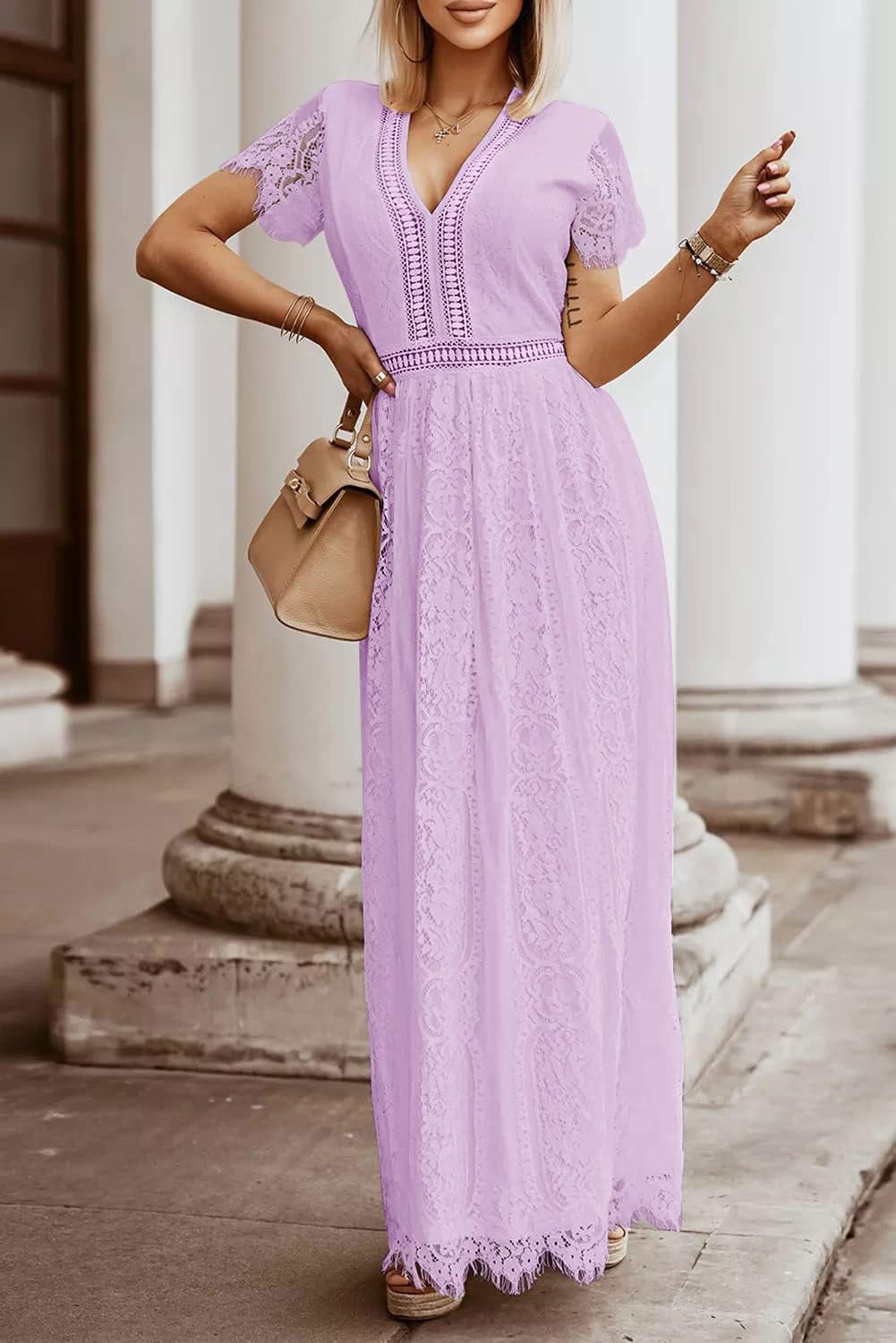 MEROKEETY Women's V Neck Short Sleeve Floral Lace Wedding Dress Bridesmaid Cocktail Party Maxi Dress