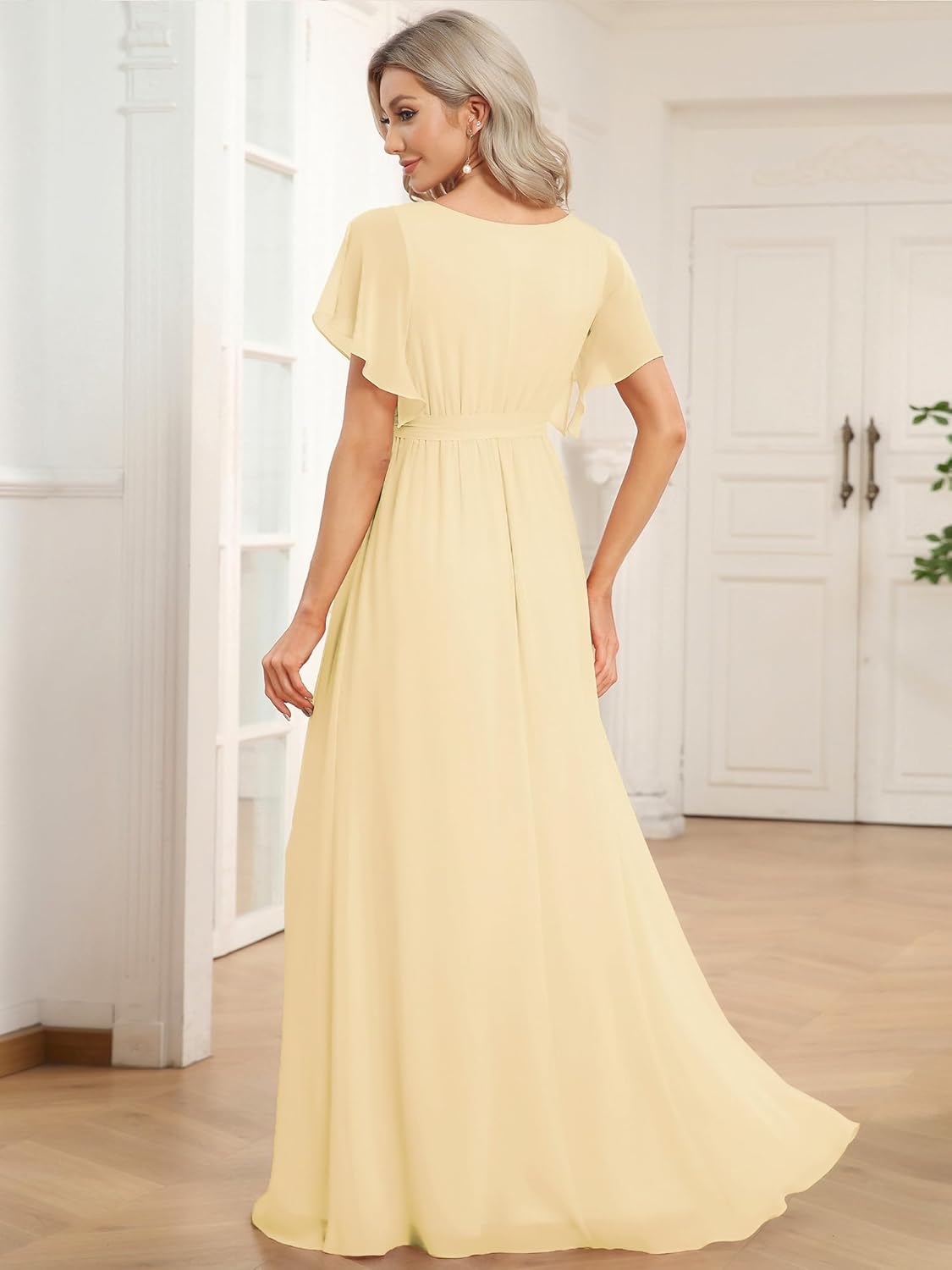 Ever-Pretty Women's Bridesmaid Dress V-Neck Ruffle Sleeves Ruched Bust Floor Length Chiffon Formal Dresses 0164A