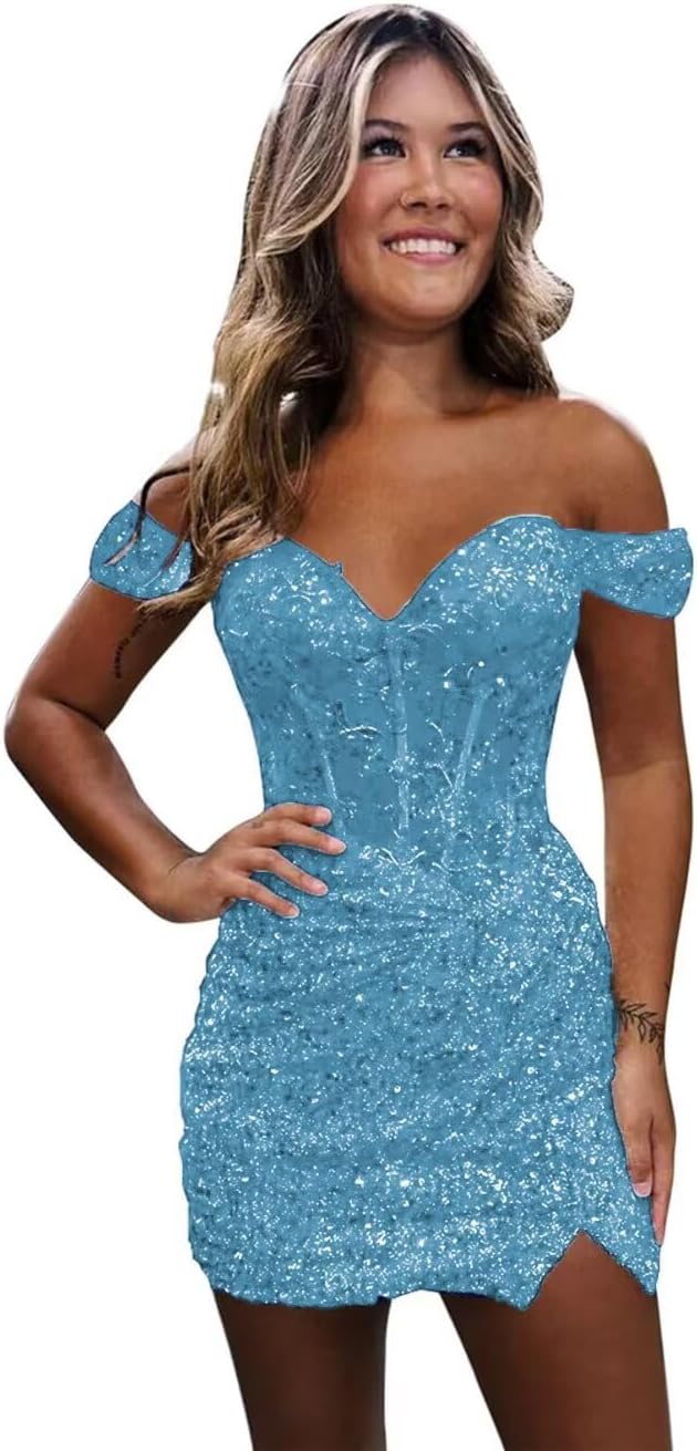 Sparkly Off Shoulder Sequin Homecoming Dresses 2025 Short Tight Mermaid Cocktail Dress Teens HOCO Corset Gowns