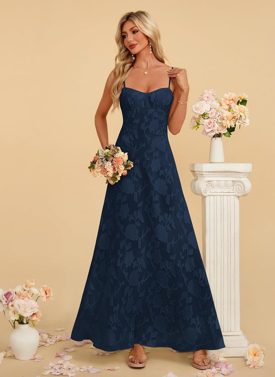 Women's Elegant Wedding Guest Dress Spaghetti Straps Floral Sleeveless Formal Dress Maxi Gown