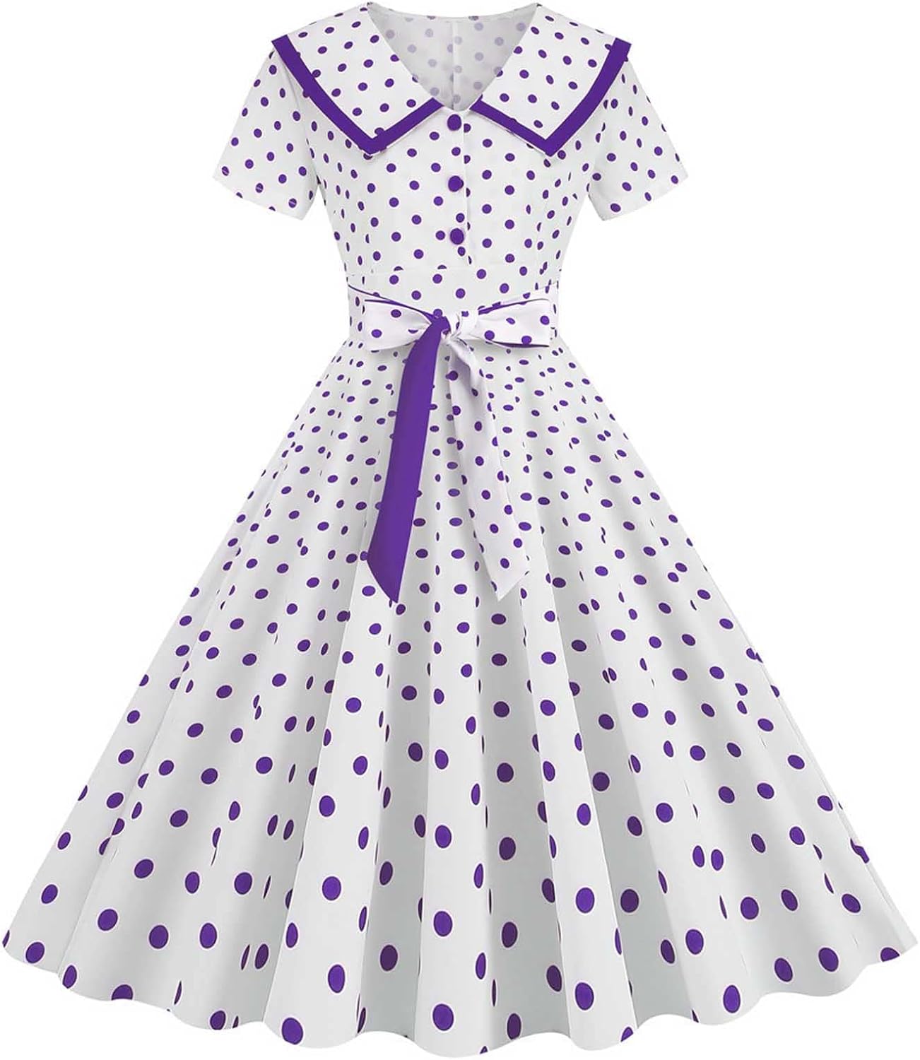Women's Lapel Rockabilly Dress Cute Polka Dot Print Audrey Dress Button Down Vintage Cocktail Dress 1950s Fairy Dress