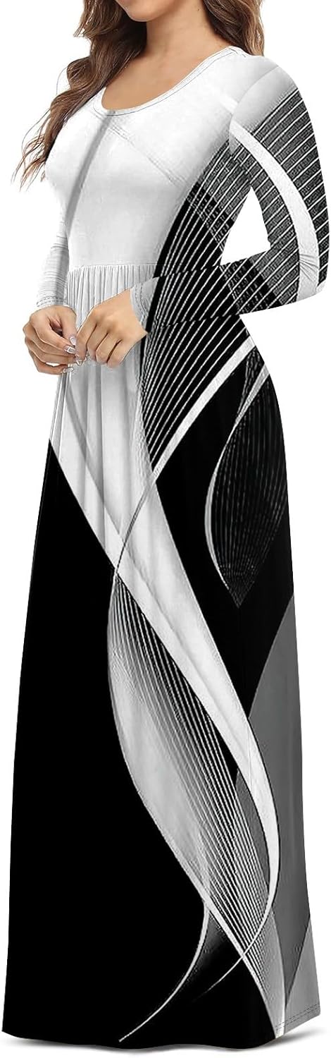 Long Sleeve Maxi Dress for Women Elegant Crew Neck Flowy Swing Dresses Solid Color Wedding Guest Dresses