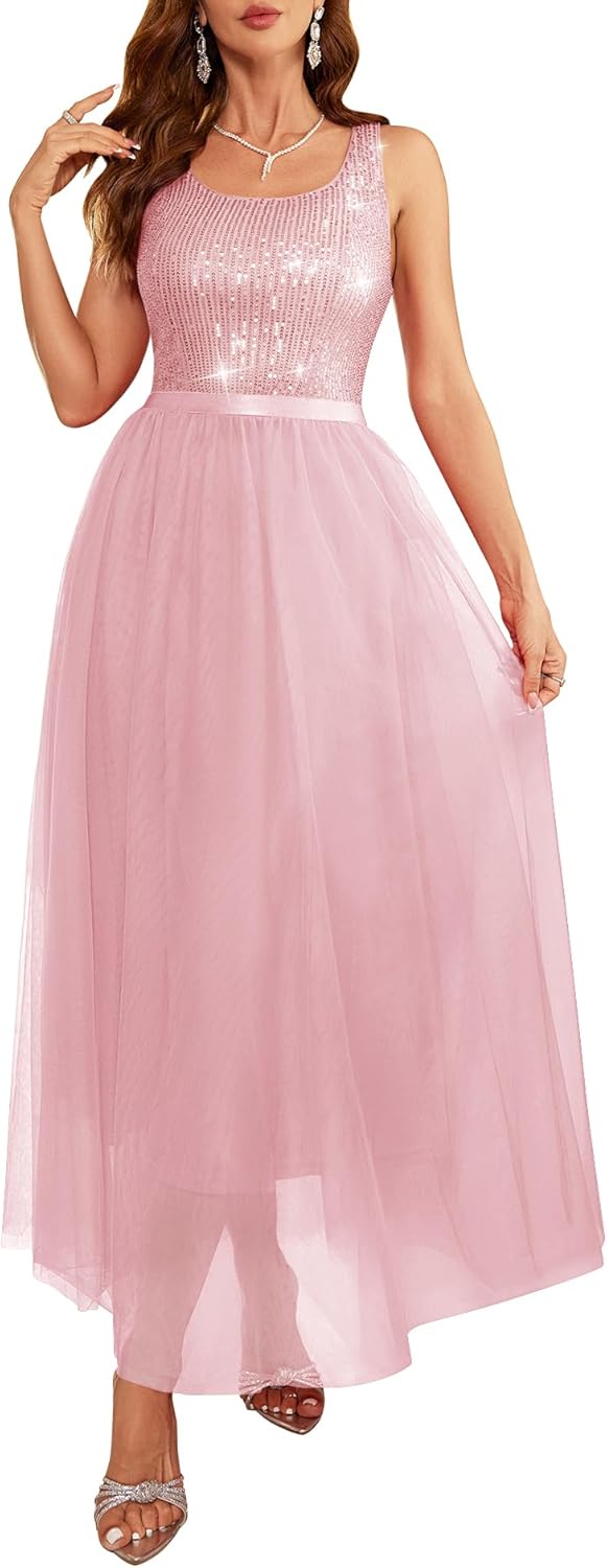 BeryLove Sequin Dress for Woman Vintage A Line Wedding Formal Swing Mesh Dress Sleeveless Cocktail Maxi Gowns