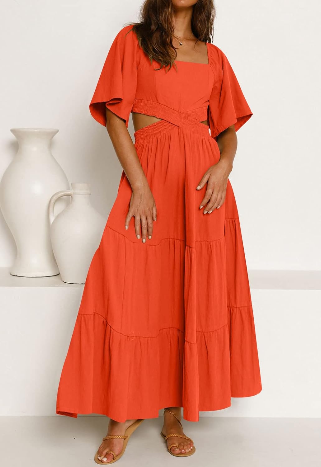 LEANI Women's 2025 Summer Cutout Maxi Dress Square Neck Short Sleeve Crossover Waist Casual Party Dresses