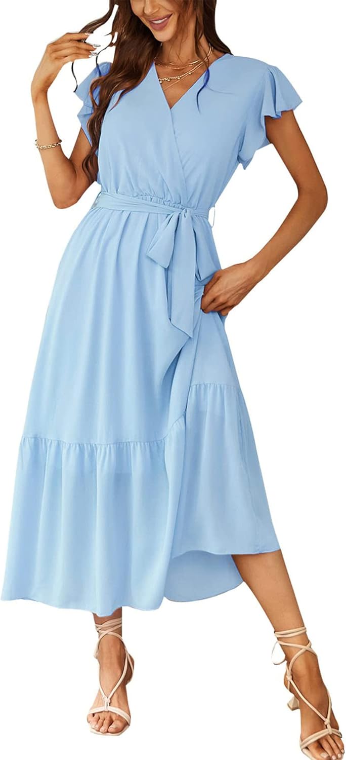 PRETTYGARDEN Women's Summer Floral Boho Dress Wrap V Neck Short Sleeve Ruffle A-Line Flowy Maxi Wedding Guest Dresses