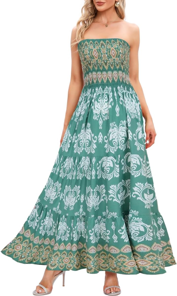 Women's Summer Strapless Tube Top Maxi Dresses Off Shoulder Boho Beach Long Dress