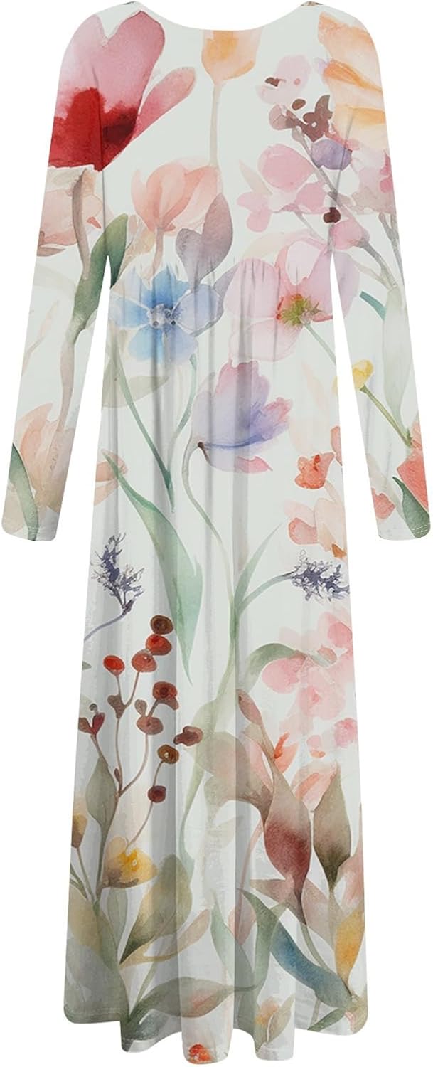 Long Sleeve Maxi Dress for Women Elegant Crew Neck Flowy Swing Dresses Solid Color Wedding Guest Dresses
