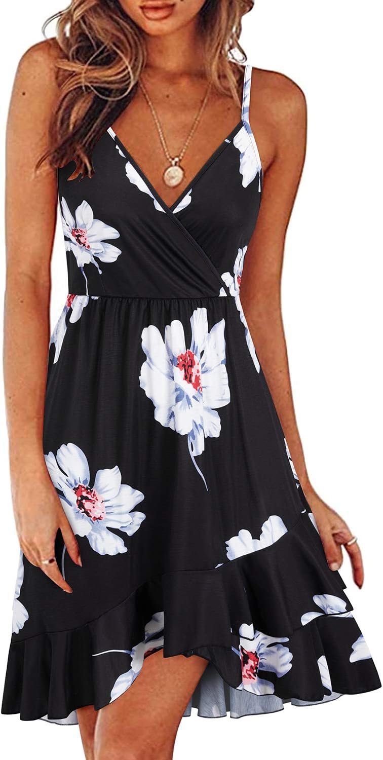 ULTRANICE Womens Summer Dresses Floral V Neck Ruffled Hem Spaghetti Spring Casual Beach Outfits Flowy Wrap Sun Dress