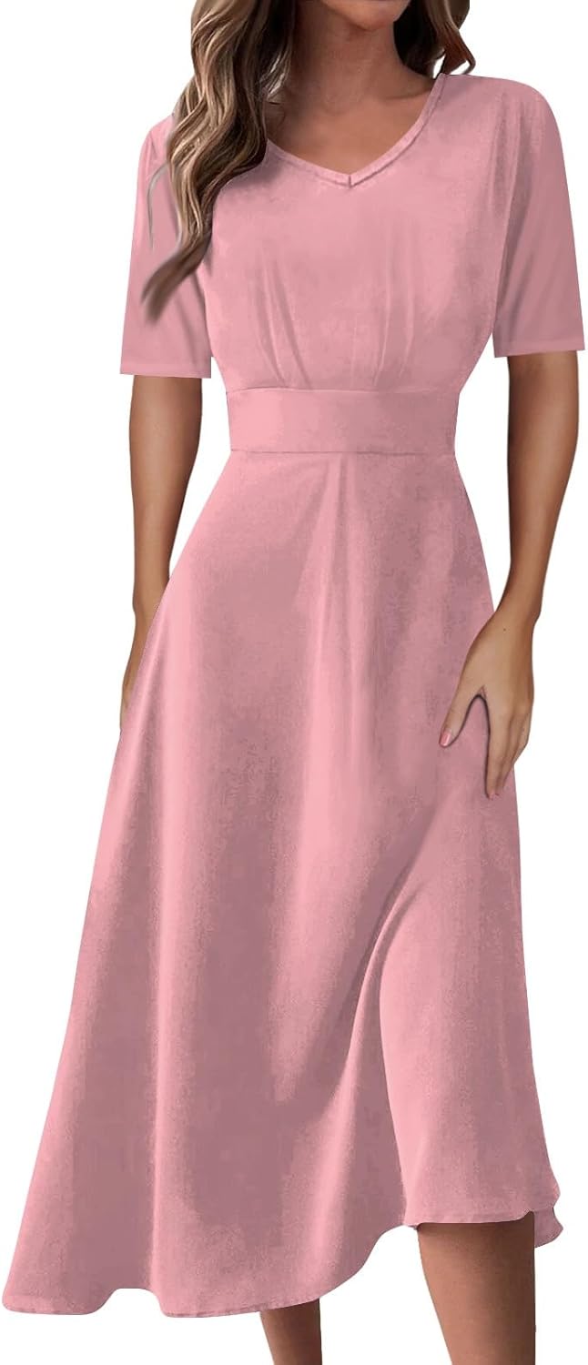 Women's Summer Elegant Cocktail Dress Solid Color Swing V-Neck Party Gown Dresses, S-2XL