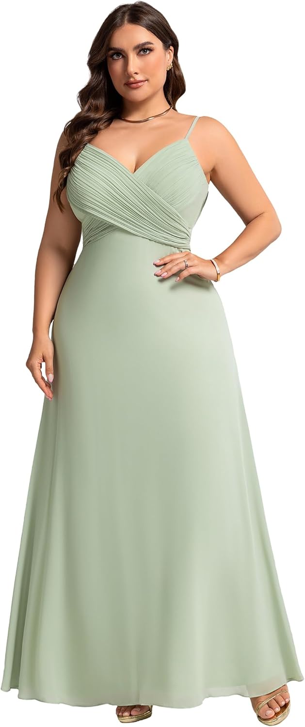 Ever-Pretty Women's Summer Chiffon Pleated Plus Size Bridesmaid Dresses Sleeveless Formal Gown with Spaghetti Straps