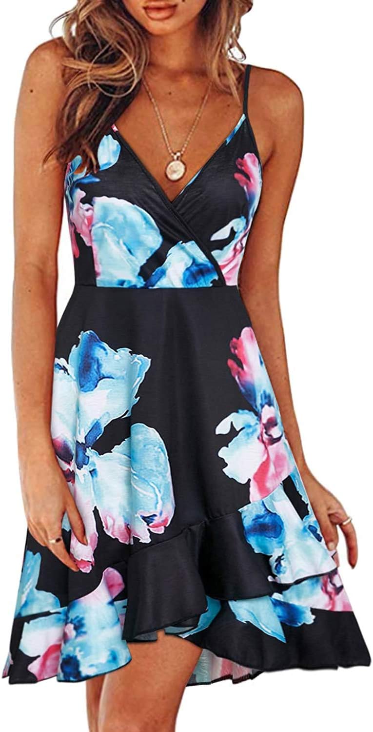 ULTRANICE Womens Summer Dresses Floral V Neck Ruffled Hem Spaghetti Spring Casual Beach Outfits Flowy Wrap Sun Dress