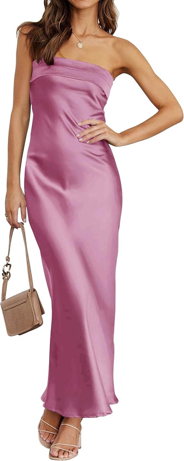 MEROKEETY Women 2025 Summer Strapless Satin Tube Bodycon Backless Wedding Guest Maxi Dress