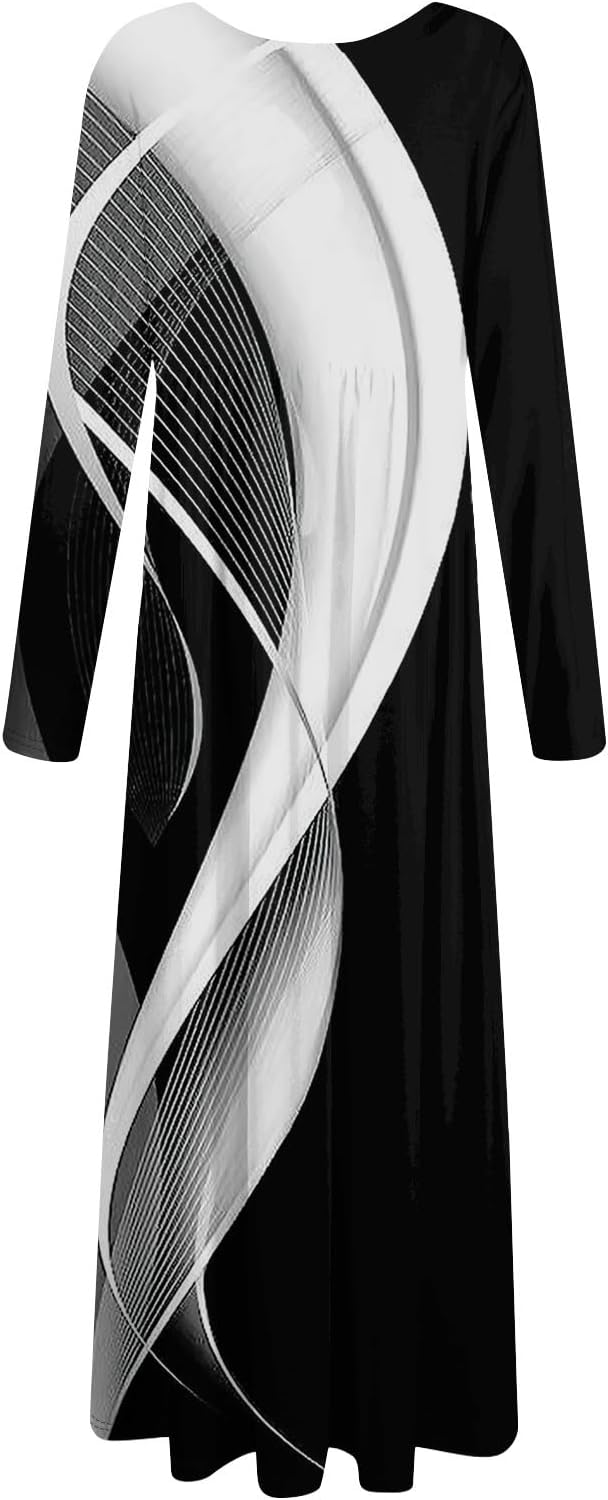 Long Sleeve Maxi Dress for Women Elegant Crew Neck Flowy Swing Dresses Solid Color Wedding Guest Dresses