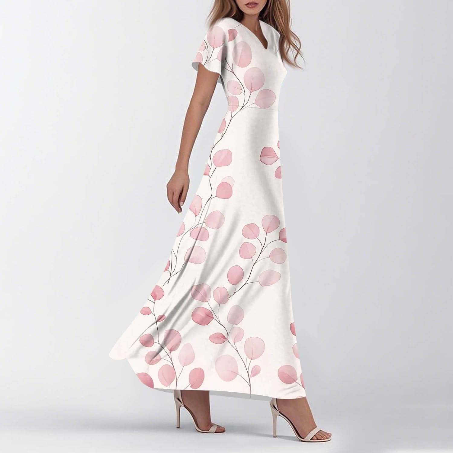 Womens Fashion V Neck Ruffle Short Sleeve Maxi Dress 2025 Summer Elegant Solid Color Flowy A Line Dresses