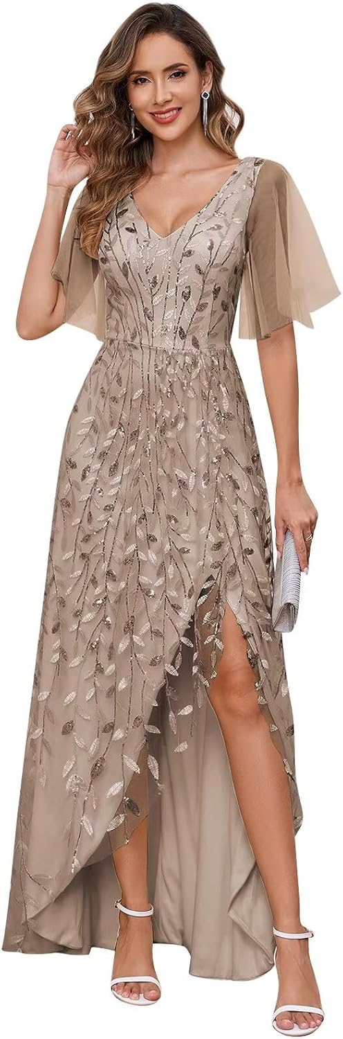 Women's Short Sleeve Mother of The Bride Dresses for Wedding Sparkly Sequin Long Formal Evening Dresses