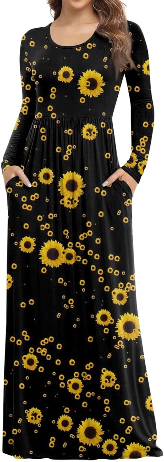 Long Sleeve Maxi Dress for Women Elegant Crew Neck Flowy Swing Dresses Solid Color Wedding Guest Dresses