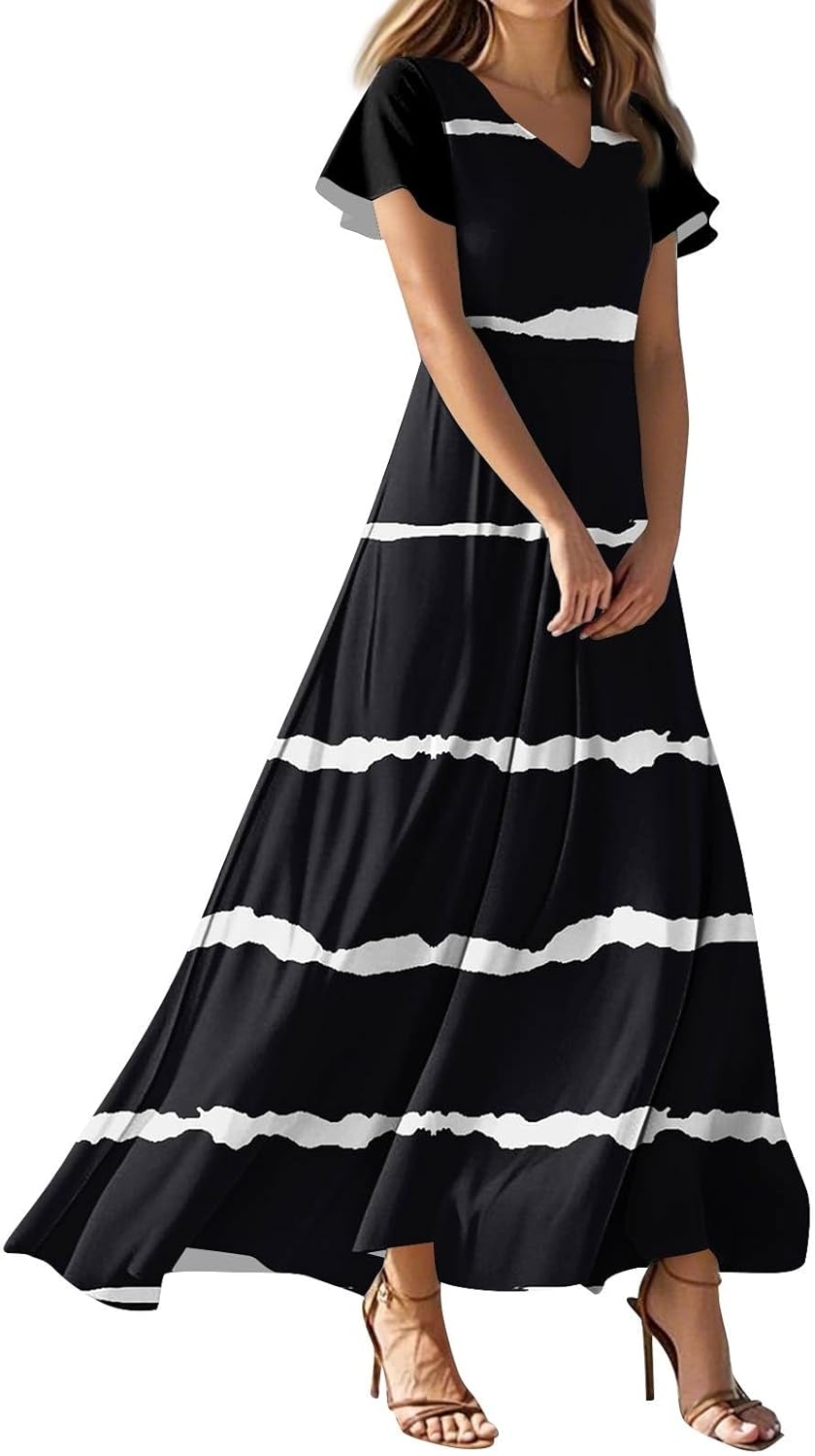 Womens Fashion V Neck Ruffle Short Sleeve Maxi Dress 2025 Summer Elegant Solid Color Flowy A Line Dresses