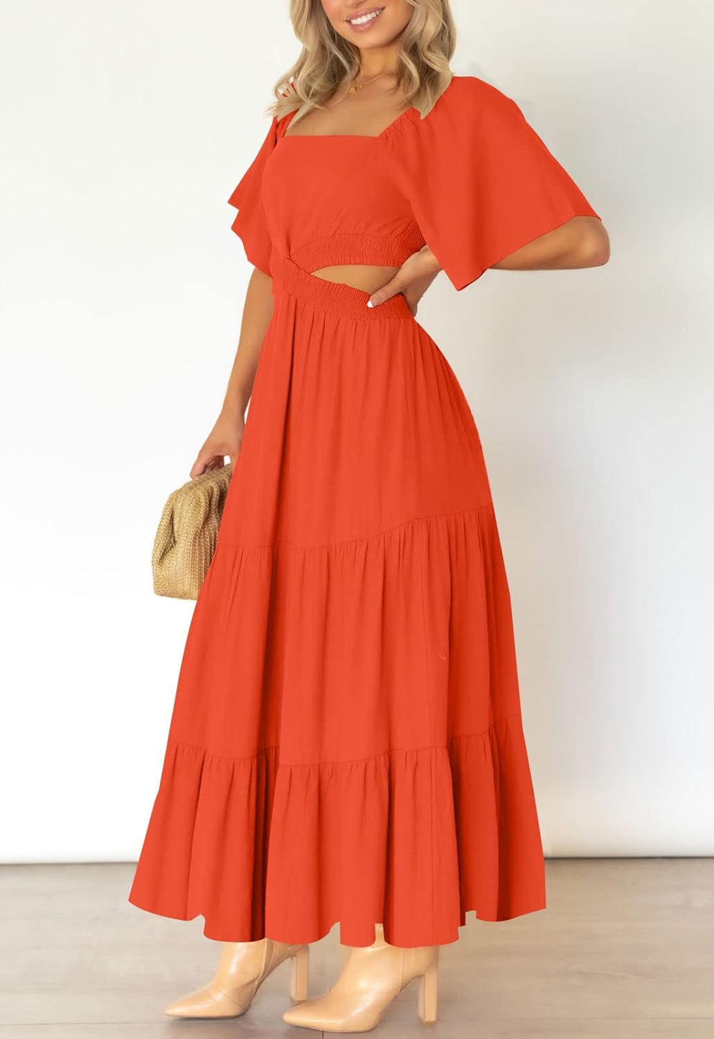 LEANI Women's 2025 Summer Cutout Maxi Dress Square Neck Short Sleeve Crossover Waist Casual Party Dresses