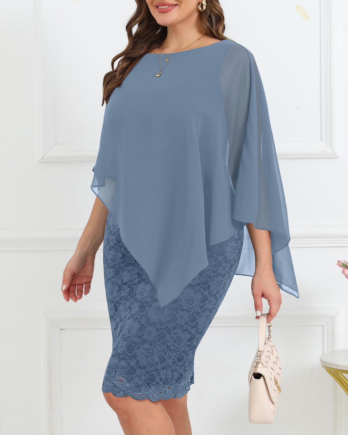 Plus Size Dresses Wedding Guest - Mother Bride Semi Formal Lace Cape with Chiffon Overlay Dresses