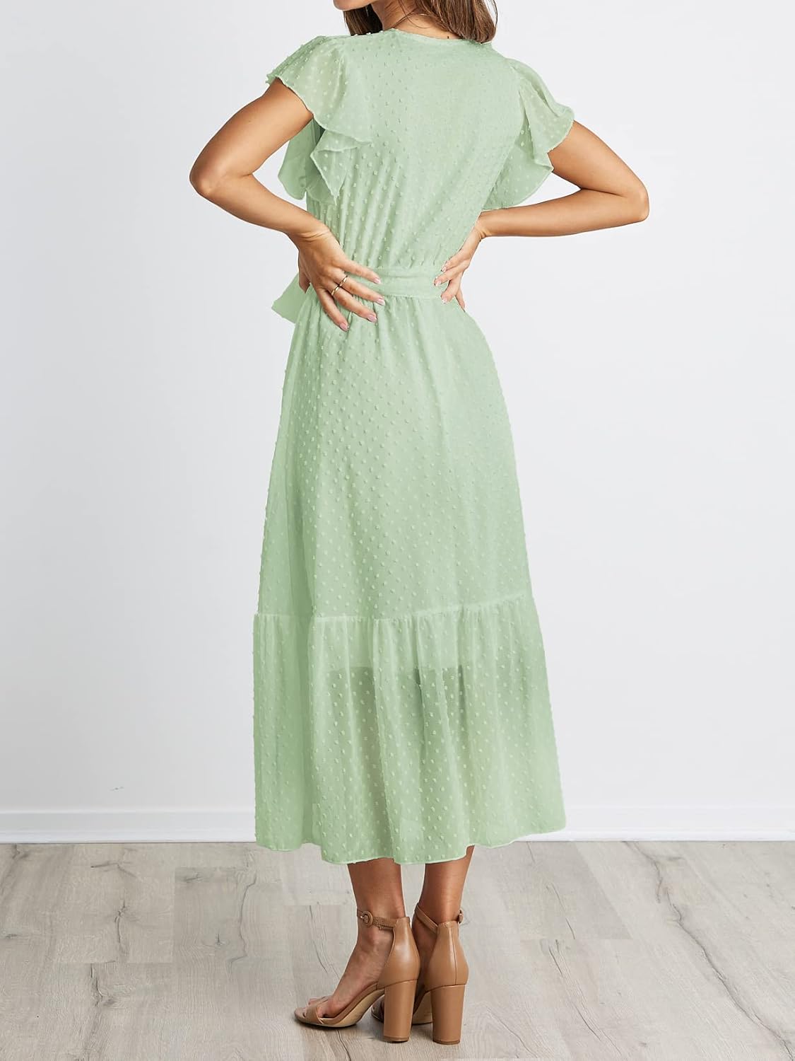 BTFBM Women Summer Bohemian Floral Casual Wrap V Neck Ruffle Cap Sleeveless Belt A-Line Pleated Hem Midi Sun Dress White