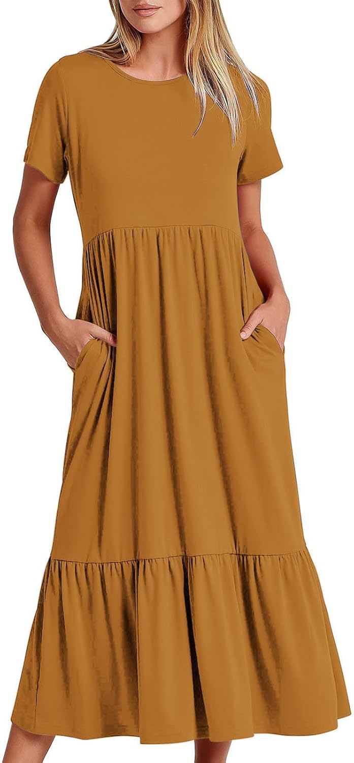 XUNRYAN Summer Dresses for Women 2024 Casual Calf Length Maxi Dress Pleated Flowy Tiered Swing Beach Sundress with Pockets