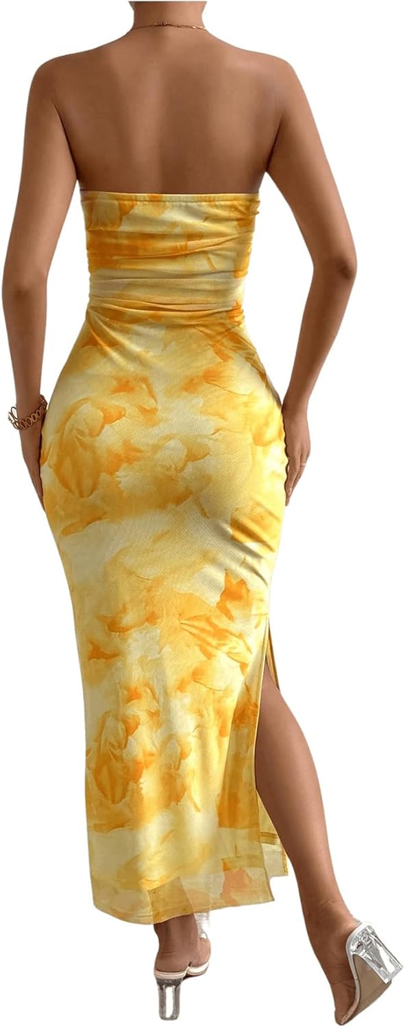 Milumia Women's Printed Strapless Tube Top Long Dress Slit Hem Sleeveless Bodycon Maxi Dresses