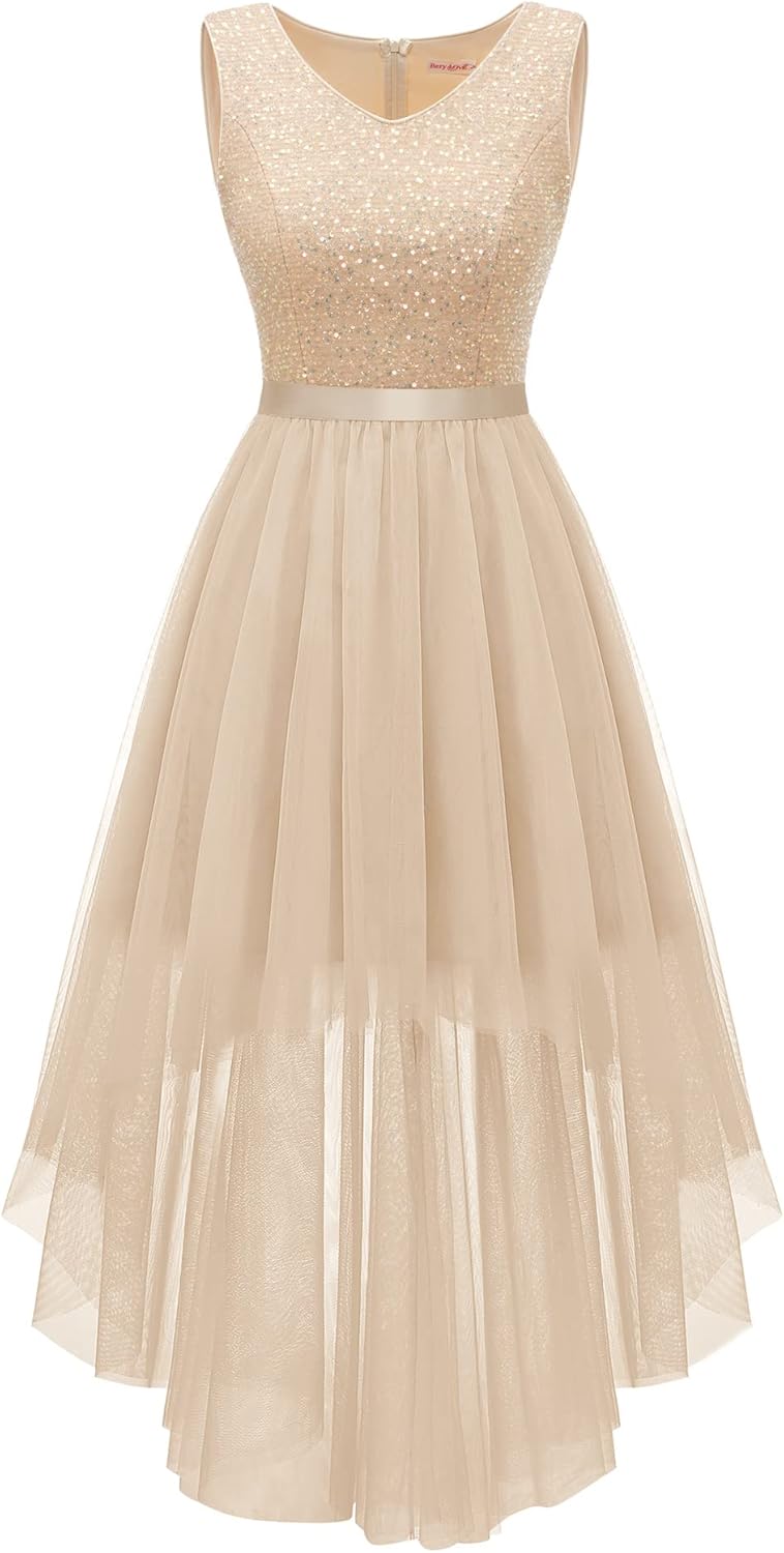 BeryLove Cocktail Prom Dresses 2025 Formal Wedding Guest Dresses Sleeveless Lace High Low Homecoming Dress