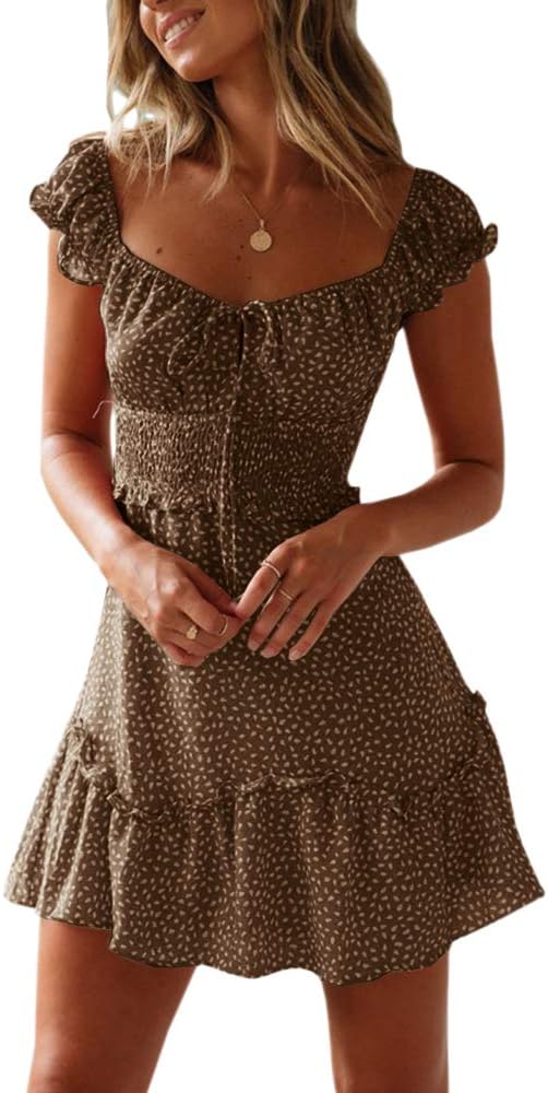 YOBECHO Women's Summer Ruffle Sleeve Sweetheart Neckline Printing Dress Mini Dress