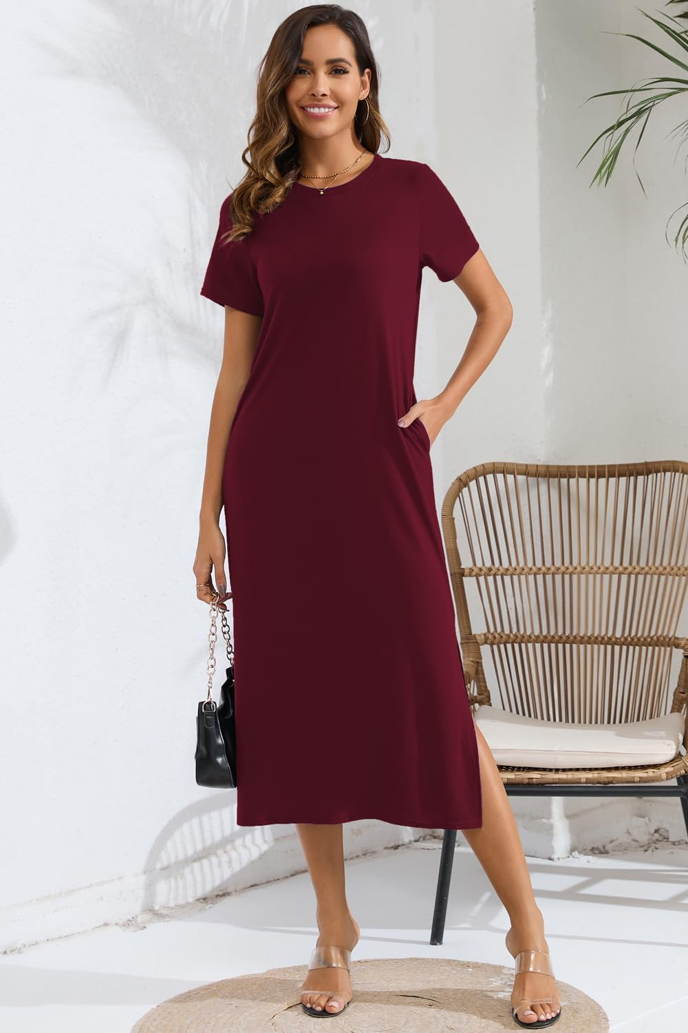 Naggoo Women's Short Sleeve Split Maxi Dress Casual Plain Tie Dye Print Tshirt Long Dresses with Pockets