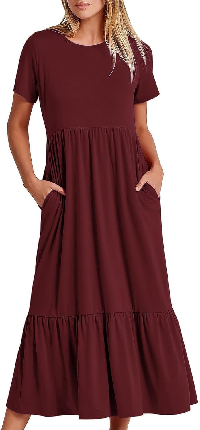 XUNRYAN Summer Dresses for Women 2024 Casual Calf Length Maxi Dress Pleated Flowy Tiered Swing Beach Sundress with Pockets