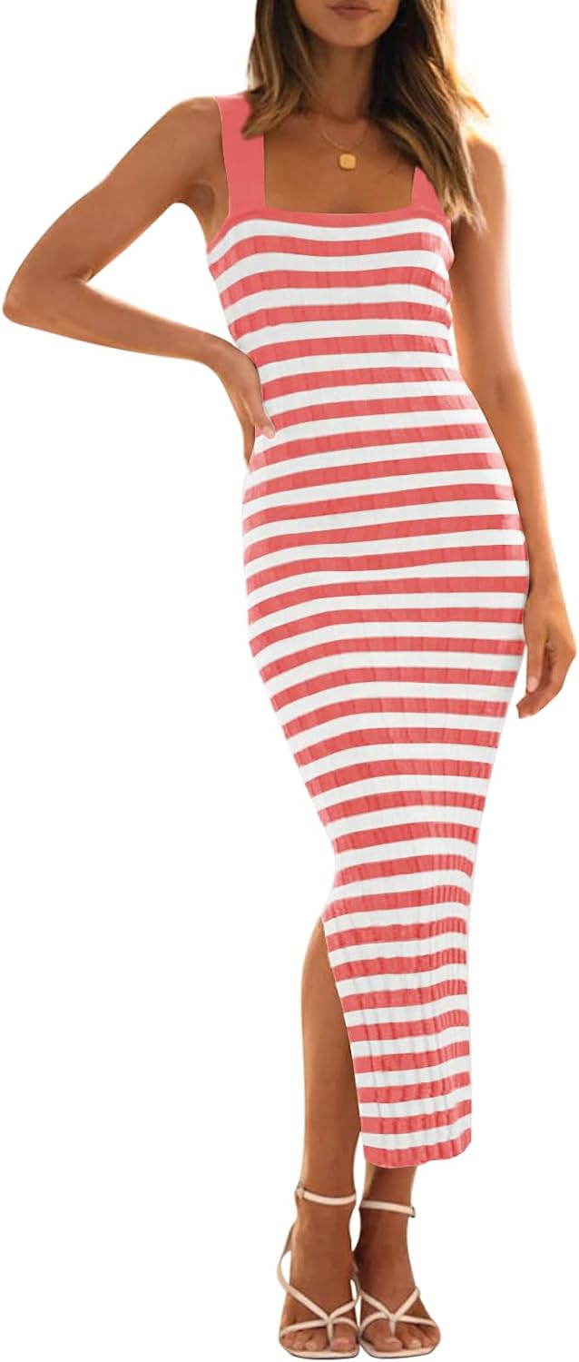 MEROKEETY Women's 2025 Summer Spring Bodycon Midi Dress Vacation Sleeveless Ribbed Knit Striped Party Sweater Dresses