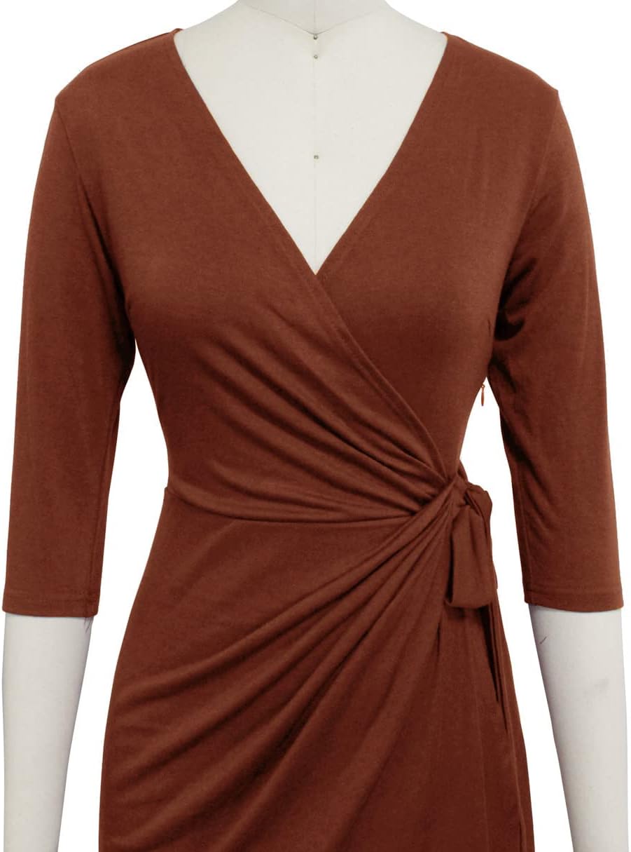 Berydress Women's Classic 3/4 Sleeve V Neck Sheath Casual Party Work Faux Black Wrap Dress