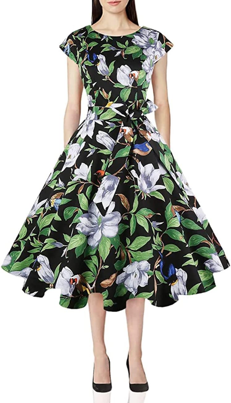 PUKAVT Women's 1950 Boatneck Cap Sleeve Vintage Swing Cocktail Party Dress with Pockets